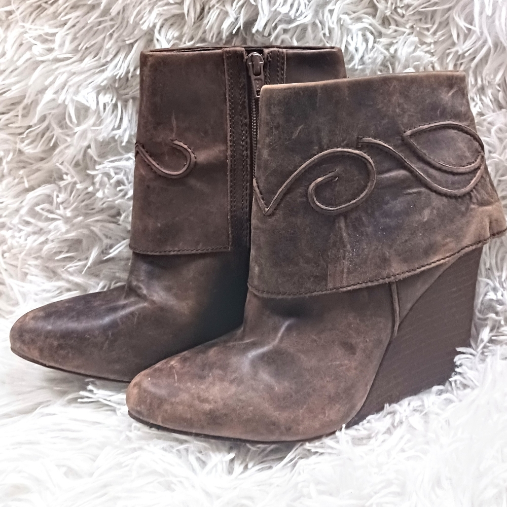 Carlos Santana Ankle Boots Booties Wedges Brown Leather Women's 7.5